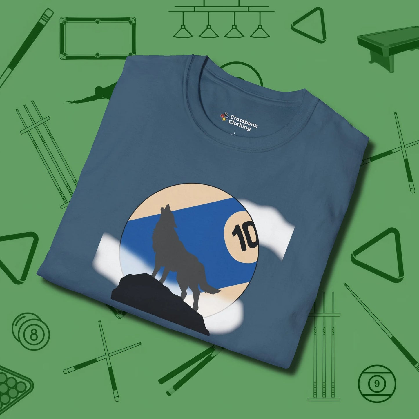 Ten Ball Wolf T-Shirt, folded view, in Indigo Blue put your best game on display
