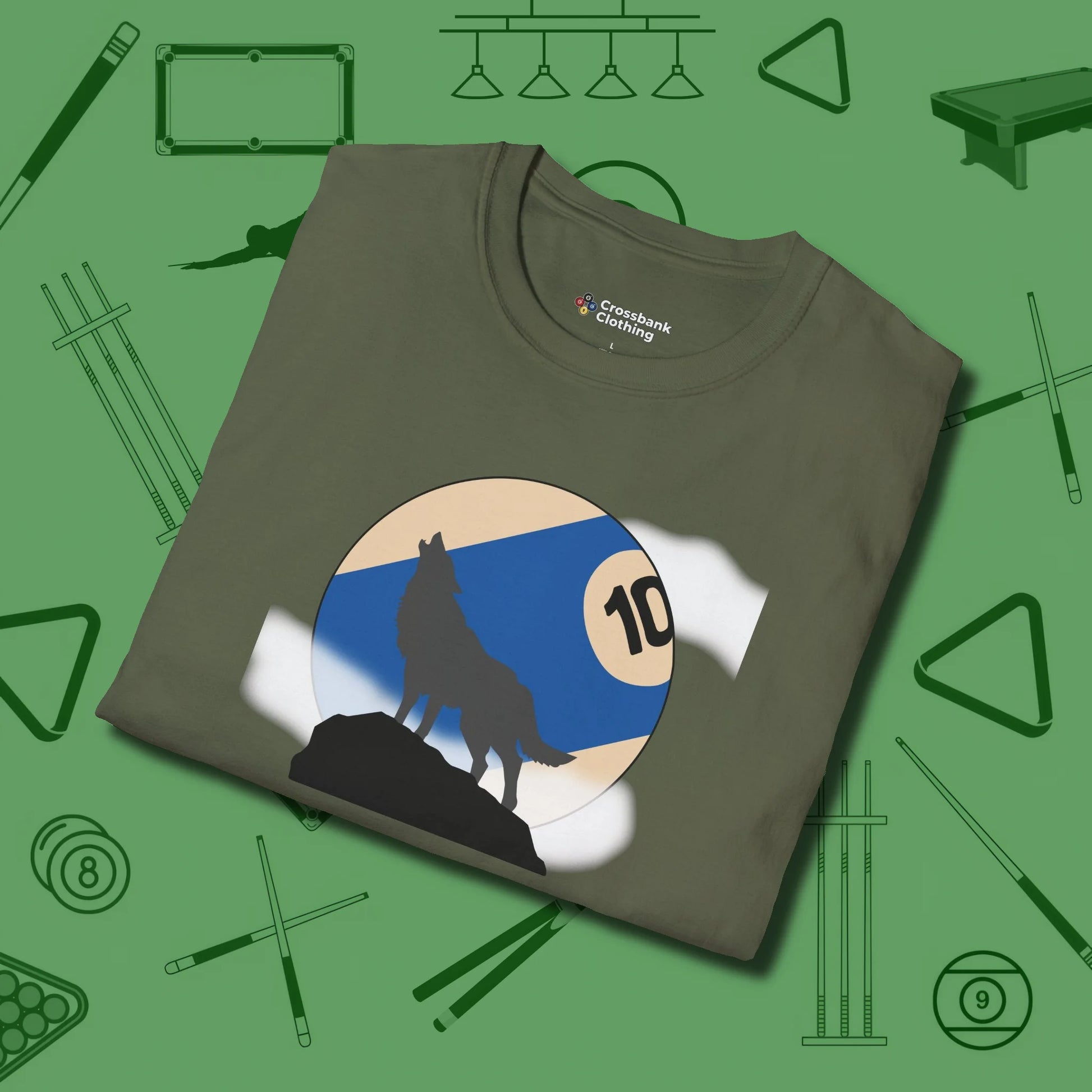 Ten Ball Wolf T-Shirt, folded view, in Military Green for hustlers who keep it honest