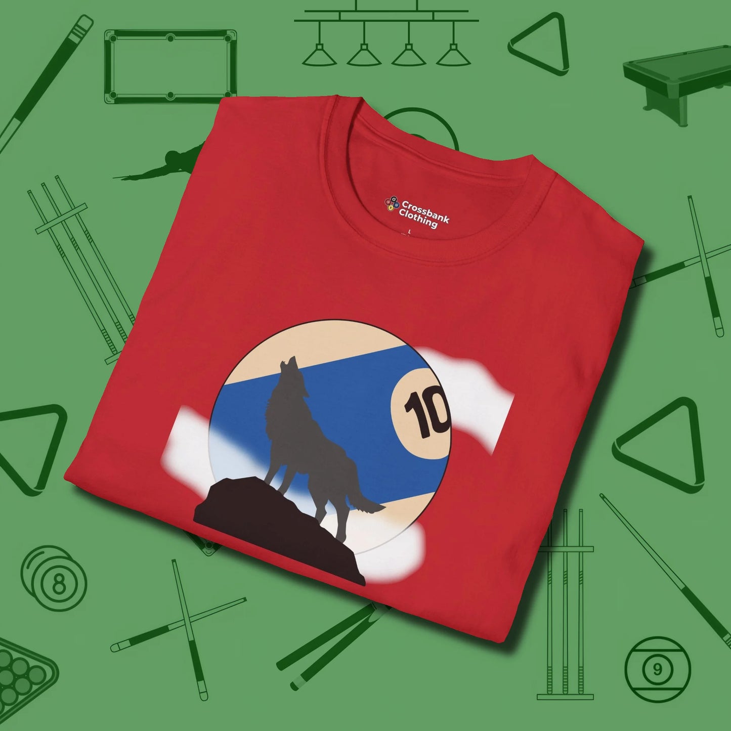 Ten Ball Wolf T-Shirt, folded view, in Red put your best game on display