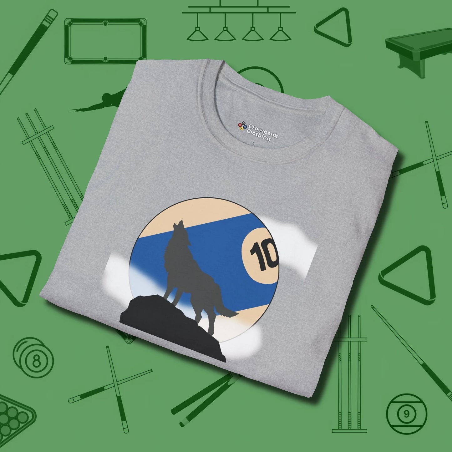 Ten Ball Wolf T-Shirt, folded view, in Sport Grey stitched for cue discipline and cool confidence