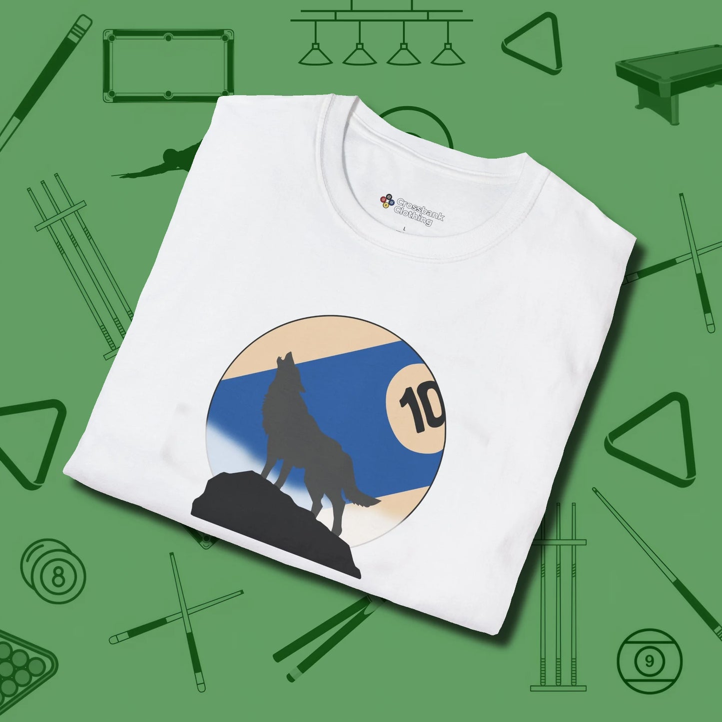 Ten Ball Wolf T-Shirt, folded view, in White for hustlers who keep it honest