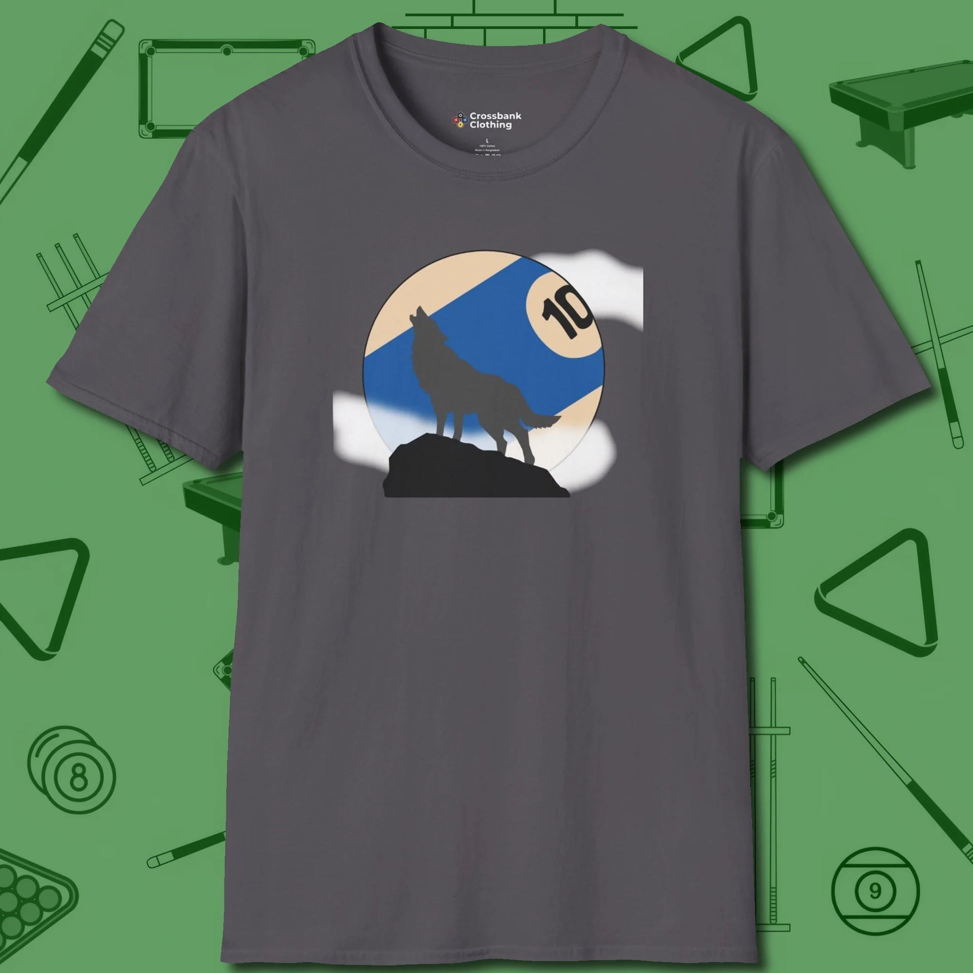 Ten Ball Wolf T-Shirt, front view, in Charcoal play in style, win in silence