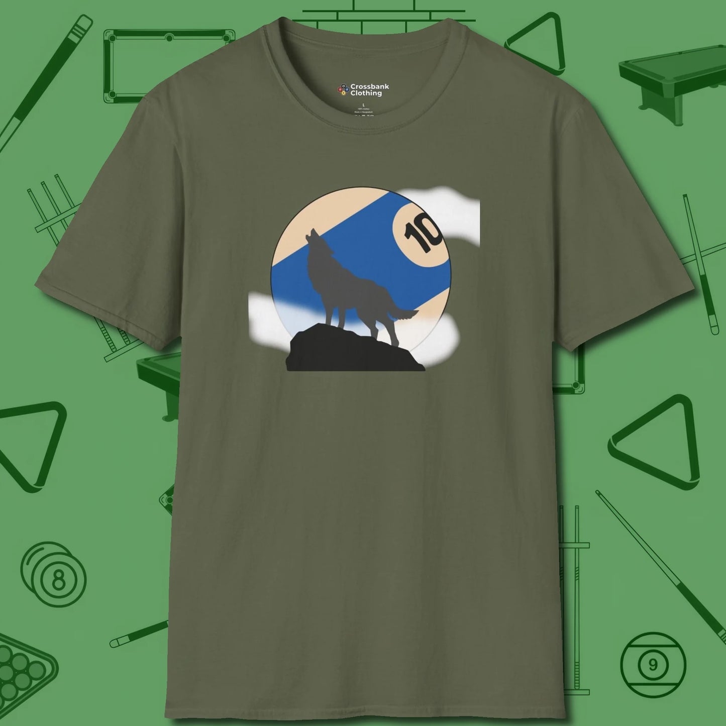 Ten Ball Wolf T-Shirt, front view, in Military Green an extension of your pool persona
