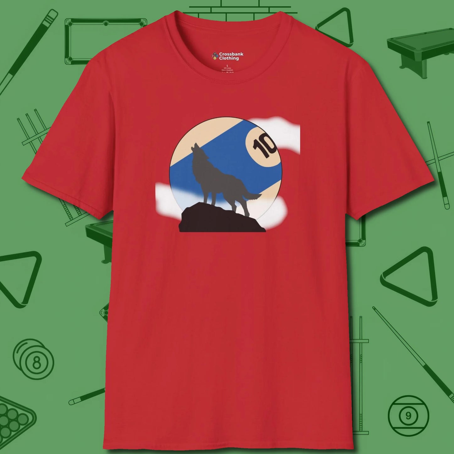 Ten Ball Wolf T-Shirt, front view, in Red it’s not a hobby — it’s a lifestyle