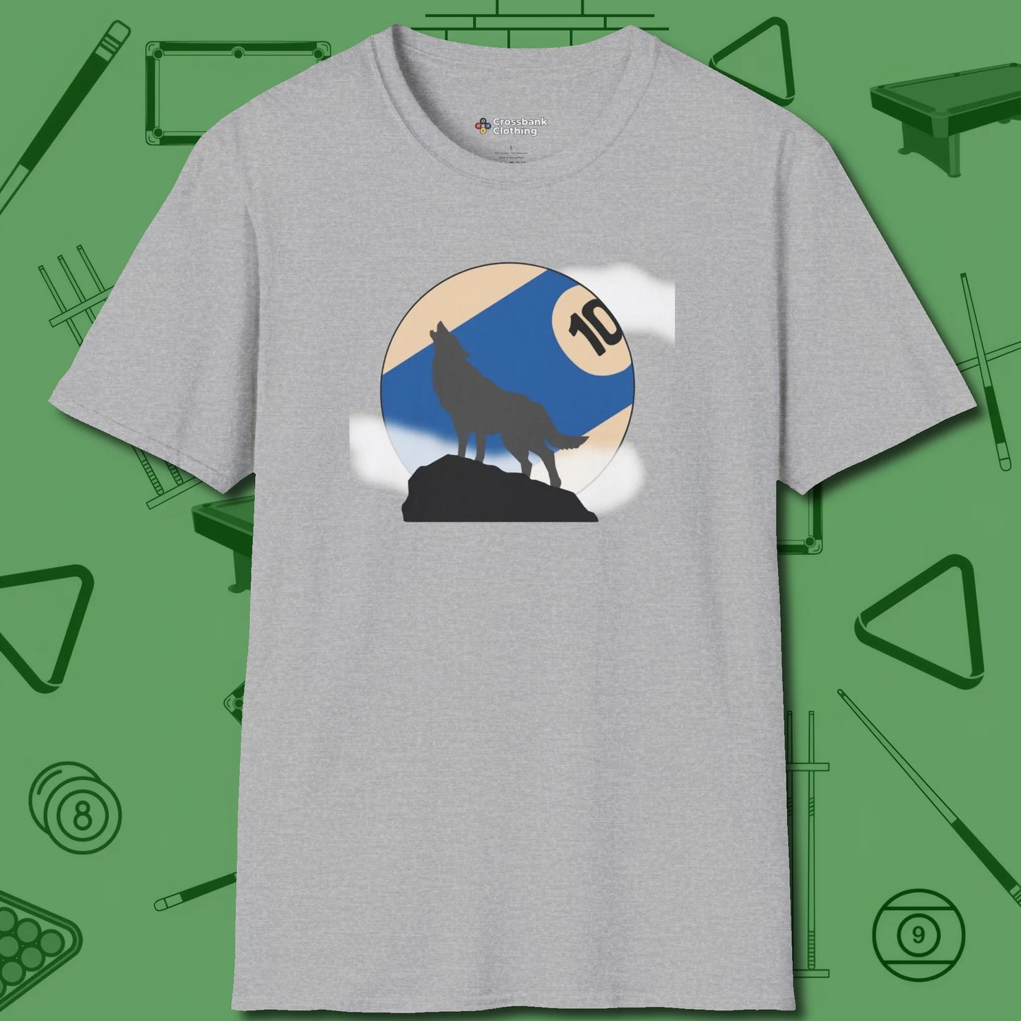 Ten Ball Wolf T-Shirt, front view, in Sport Grey earns respect before the first shot