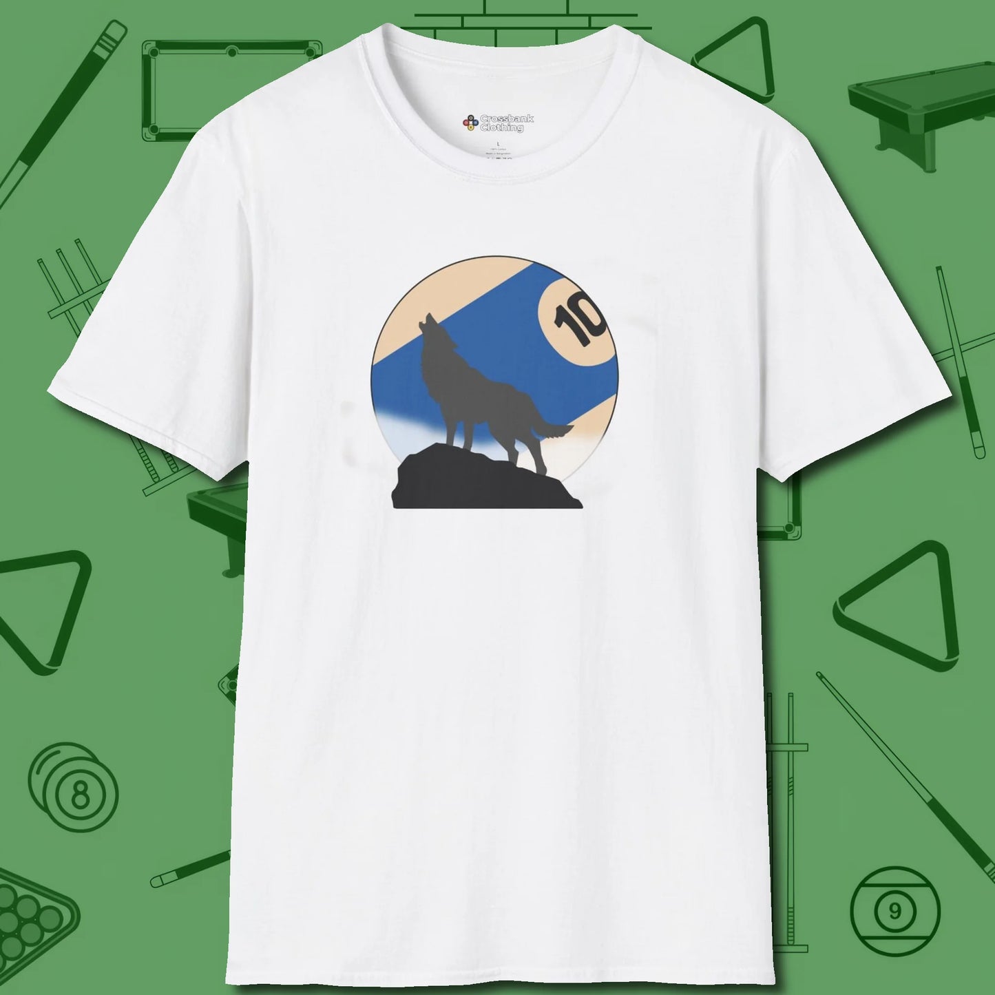 Ten Ball Wolf T-Shirt, front view, in White cool enough for a corner pocket finish