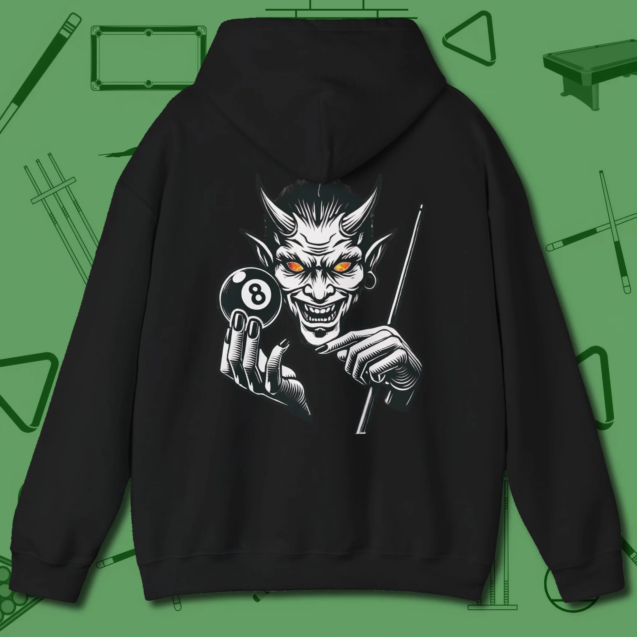 The Devil On My Back Hoodie, back view, in Black devil pool graphic 8-ball attitude