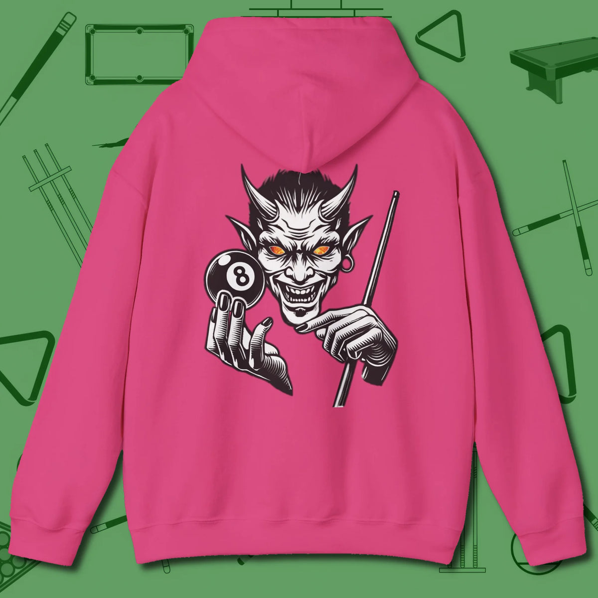 The Devil On My Back Hoodie, back view, in Heliconia devil pool graphic league-night energy