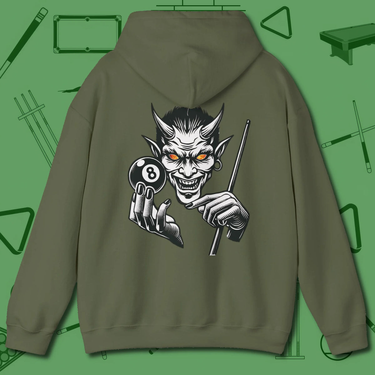 The Devil On My Back Hoodie, back view, in Military Green devil pool graphic tactical run-outs