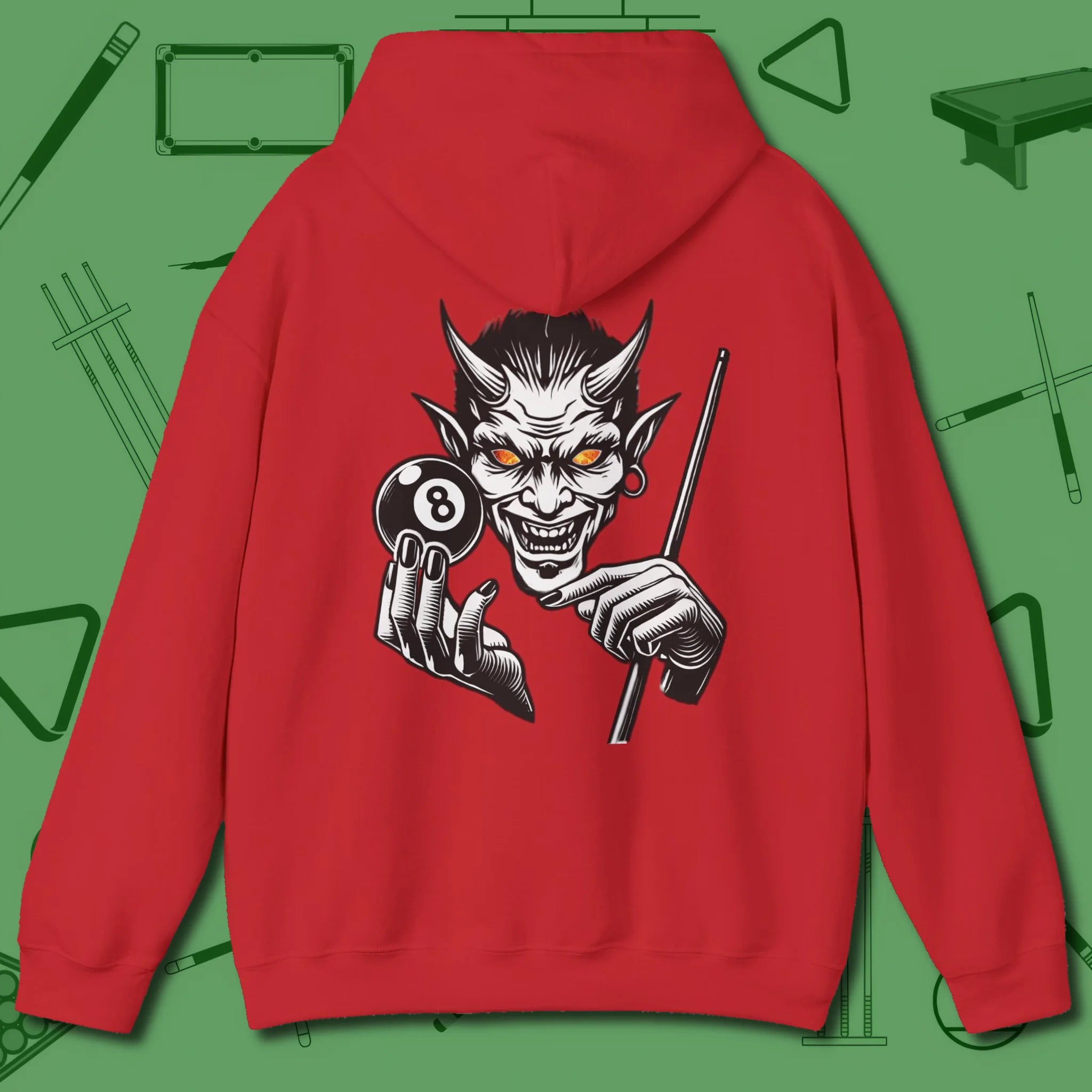 The Devil On My Back Hoodie, back view, in Red devil pool graphic break-and-run vibe