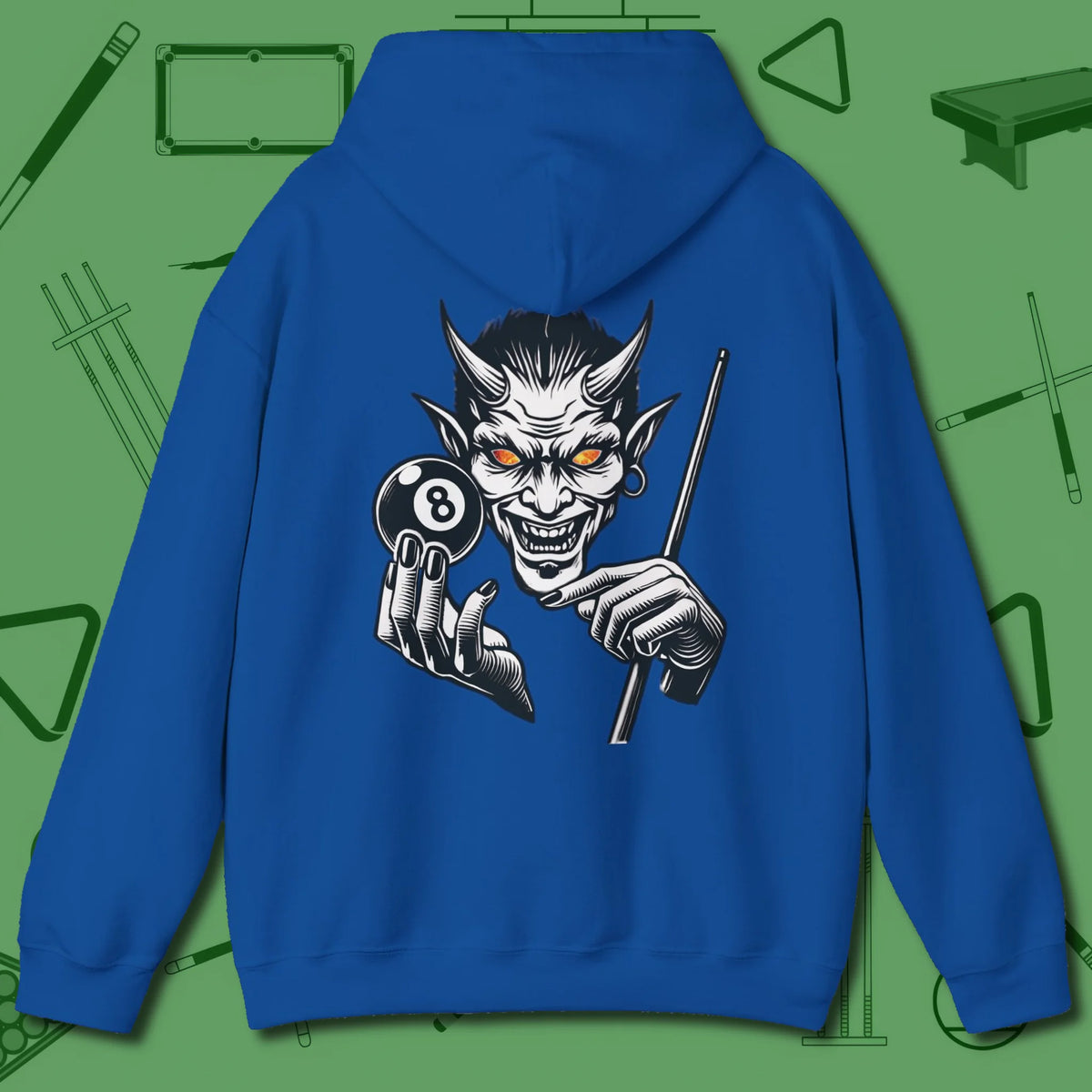 The Devil On My Back Hoodie, back view, in Royal devil pool graphic cue-sports swagger
