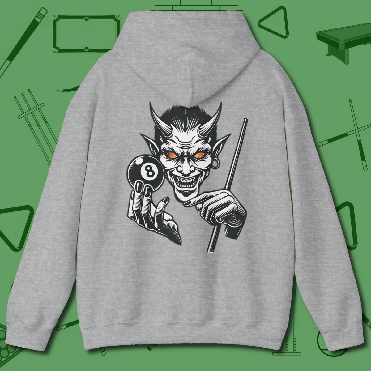 The Devil On My Back Hoodie, back view, in Sport Grey devil pool graphic smooth position play