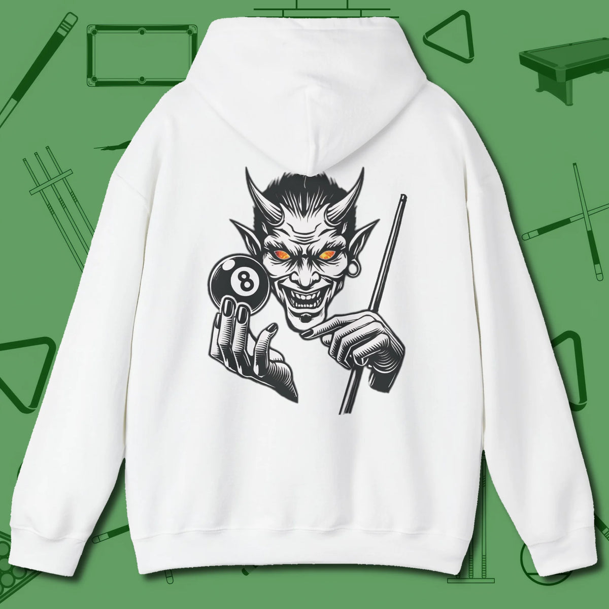 The Devil On My Back Hoodie, back view, in White devil pool graphic crisp 8-ball style