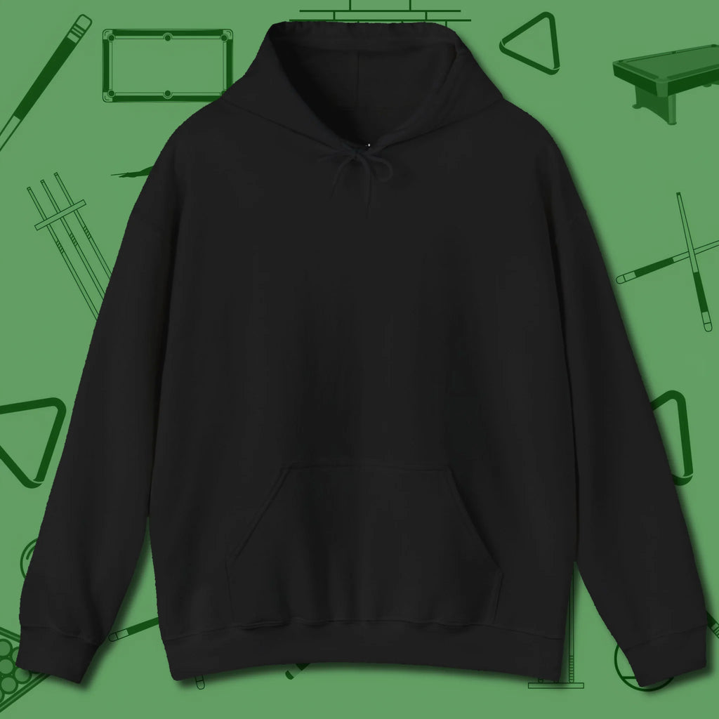 The Devil On My Back Hoodie, front view, in Black clean front back devil billiards print