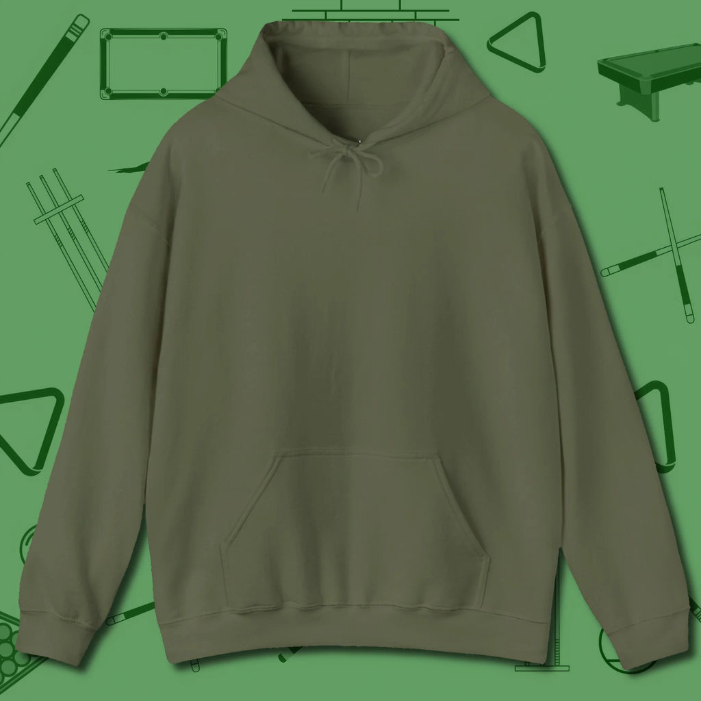 The Devil On My Back Hoodie, front view, in Military Green clean front back cue-sports design