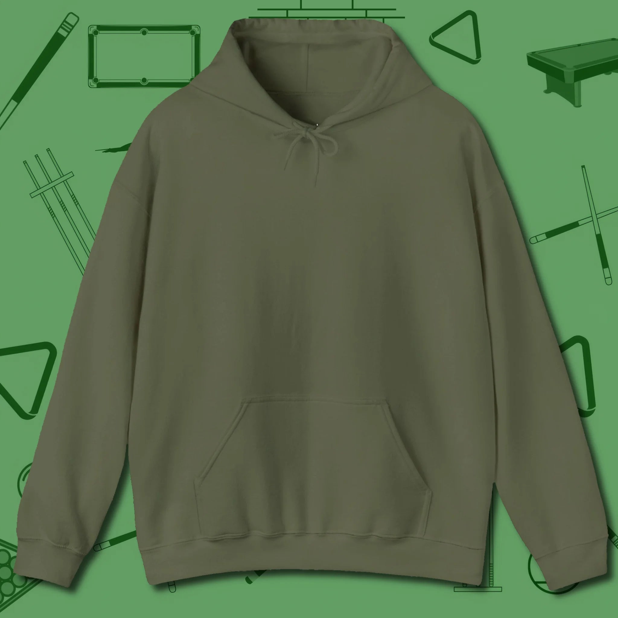 The Devil On My Back Hoodie, front view, in Military Green clean front back cue-sports design