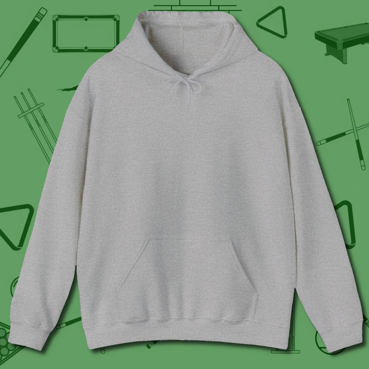 The Devil On My Back Hoodie, front view, in Sport Grey clean front back billiards artwork