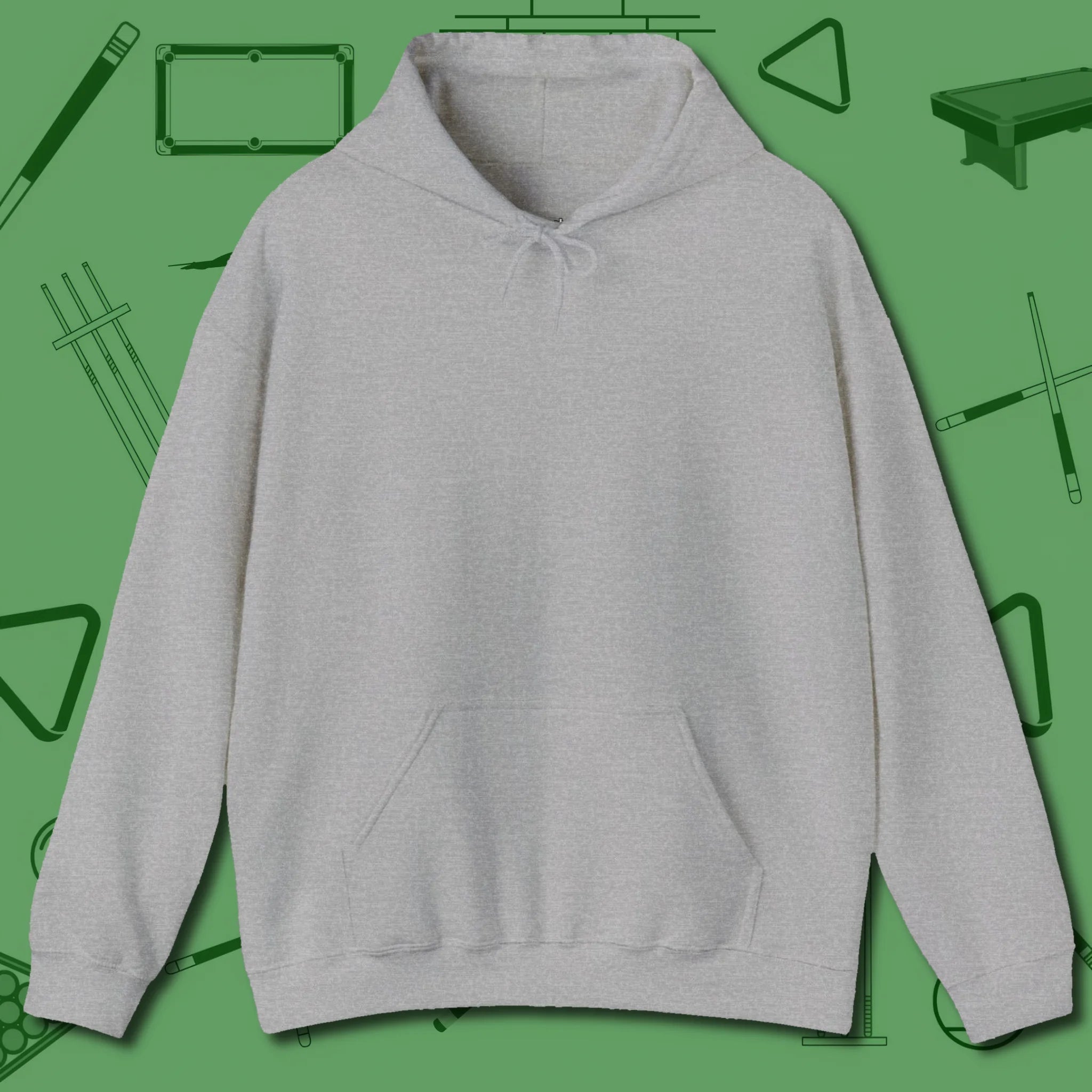 The Devil On My Back Hoodie, front view, in Sport Grey clean front back billiards artwork