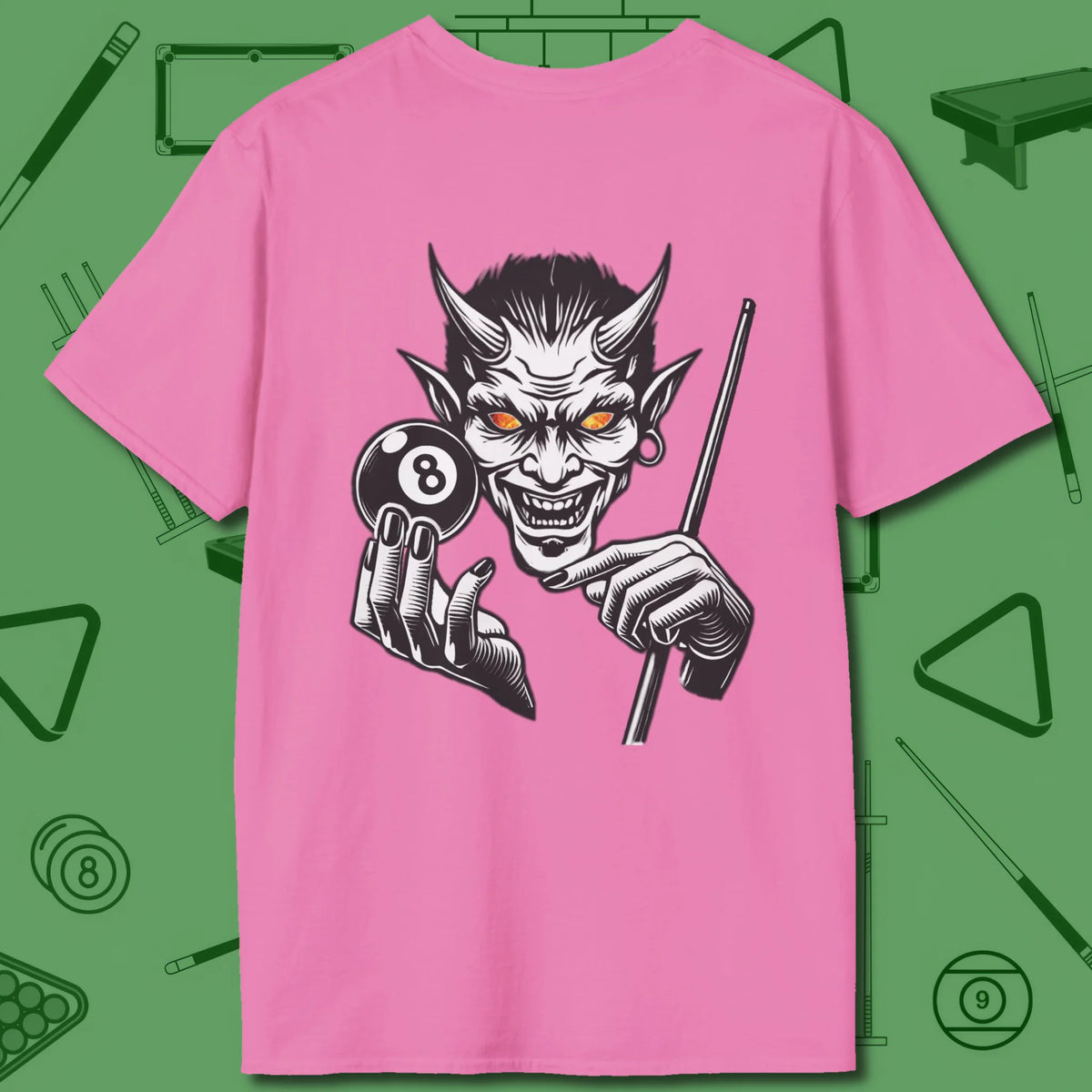 The Devil On My Back T-Shirt, back view, in Azalea clutch 8-ball finisher