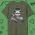 The Devil On My Back T-Shirt, back view, in Military Green tactical run-out mindset