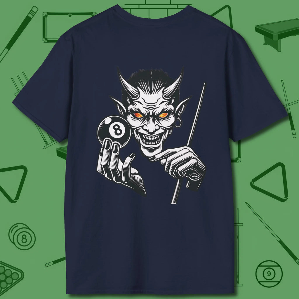 The Devil On My Back T-Shirt, back view, in Navy bank-shot confidence no fear