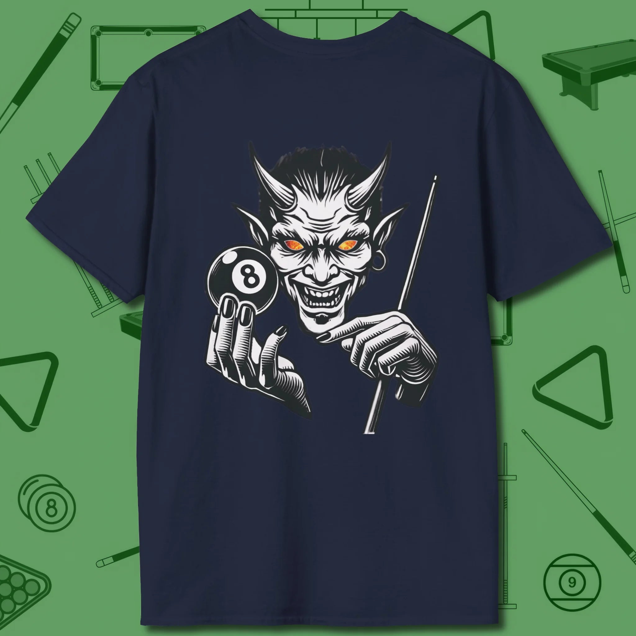 The Devil On My Back T-Shirt, back view, in Navy bank-shot confidence no fear