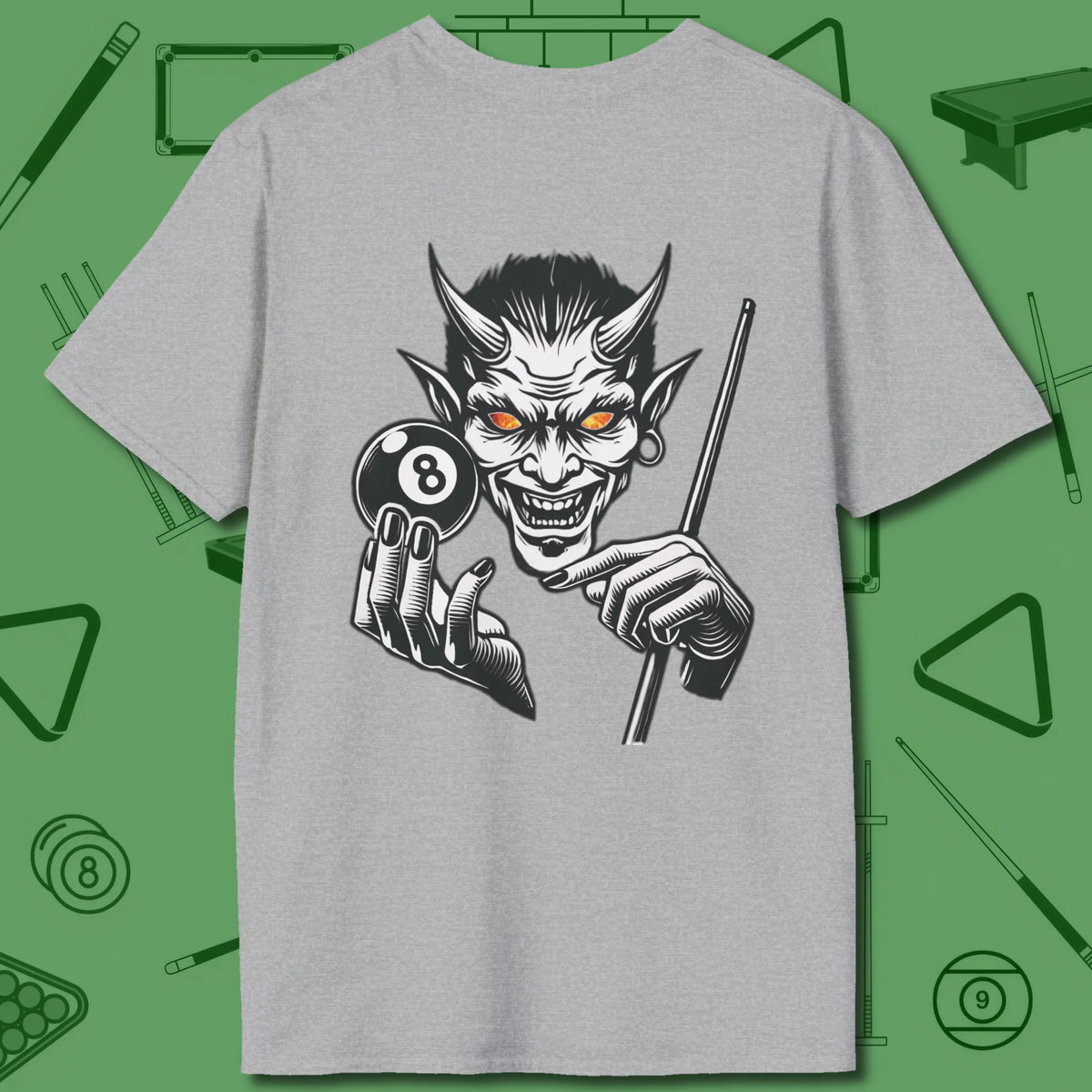 The Devil On My Back T-Shirt, back view, in Sport Grey pattern play smart safeties