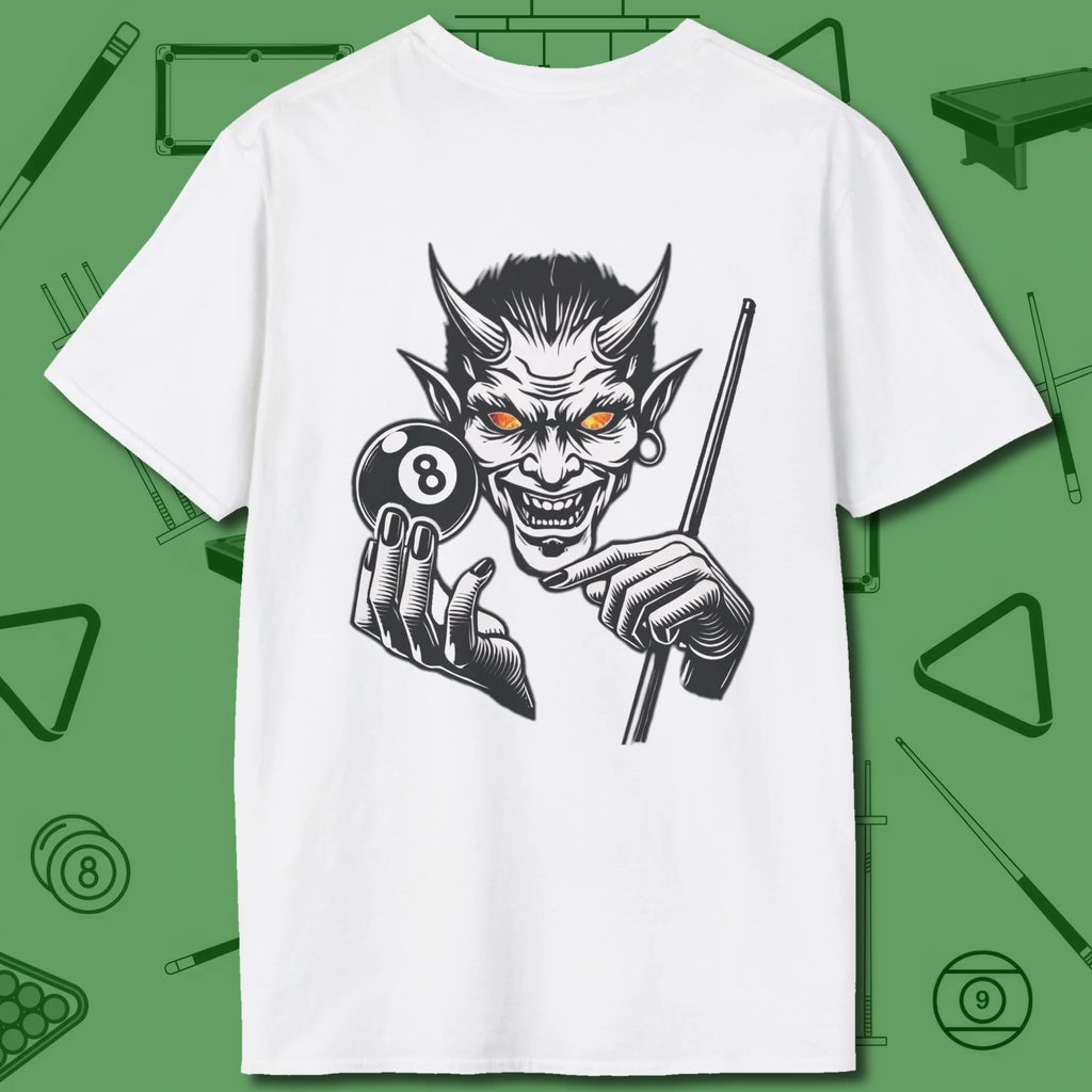 The Devil On My Back T-Shirt, back view, in White classic 8-ball attitude