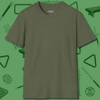 The Devil On My Back T-Shirt, front view, in Military Green cue ball control focus