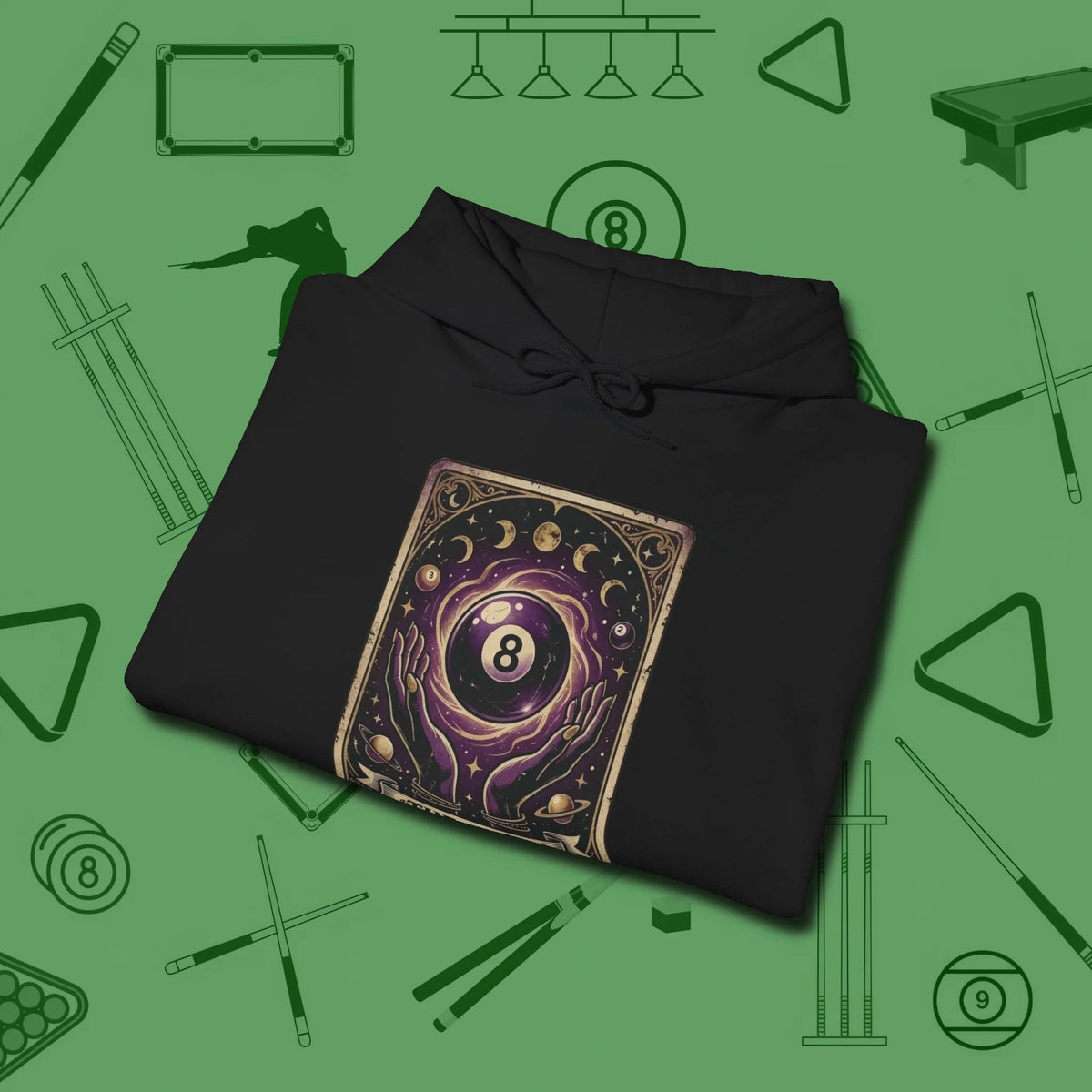 The Eight Ball Tarot Hoodie, folded view, in Black ideal for clean hits and clean fits