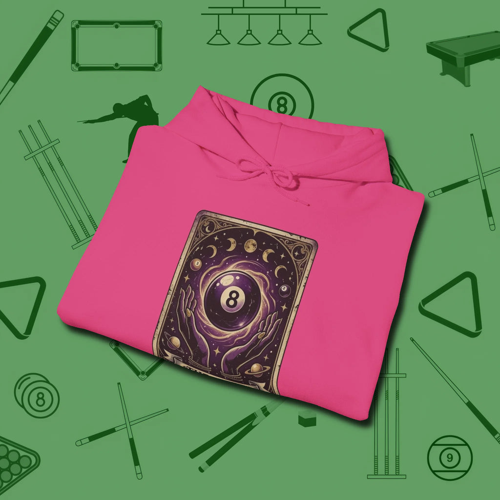 The Eight Ball Tarot Hoodie, folded view, in Heliconia put your best game on display