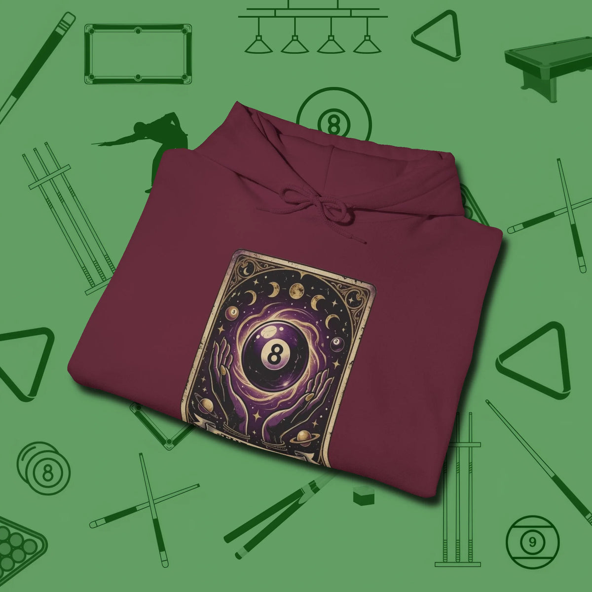 The Eight Ball Tarot Hoodie, folded view, in Maroon what champions wear between racks