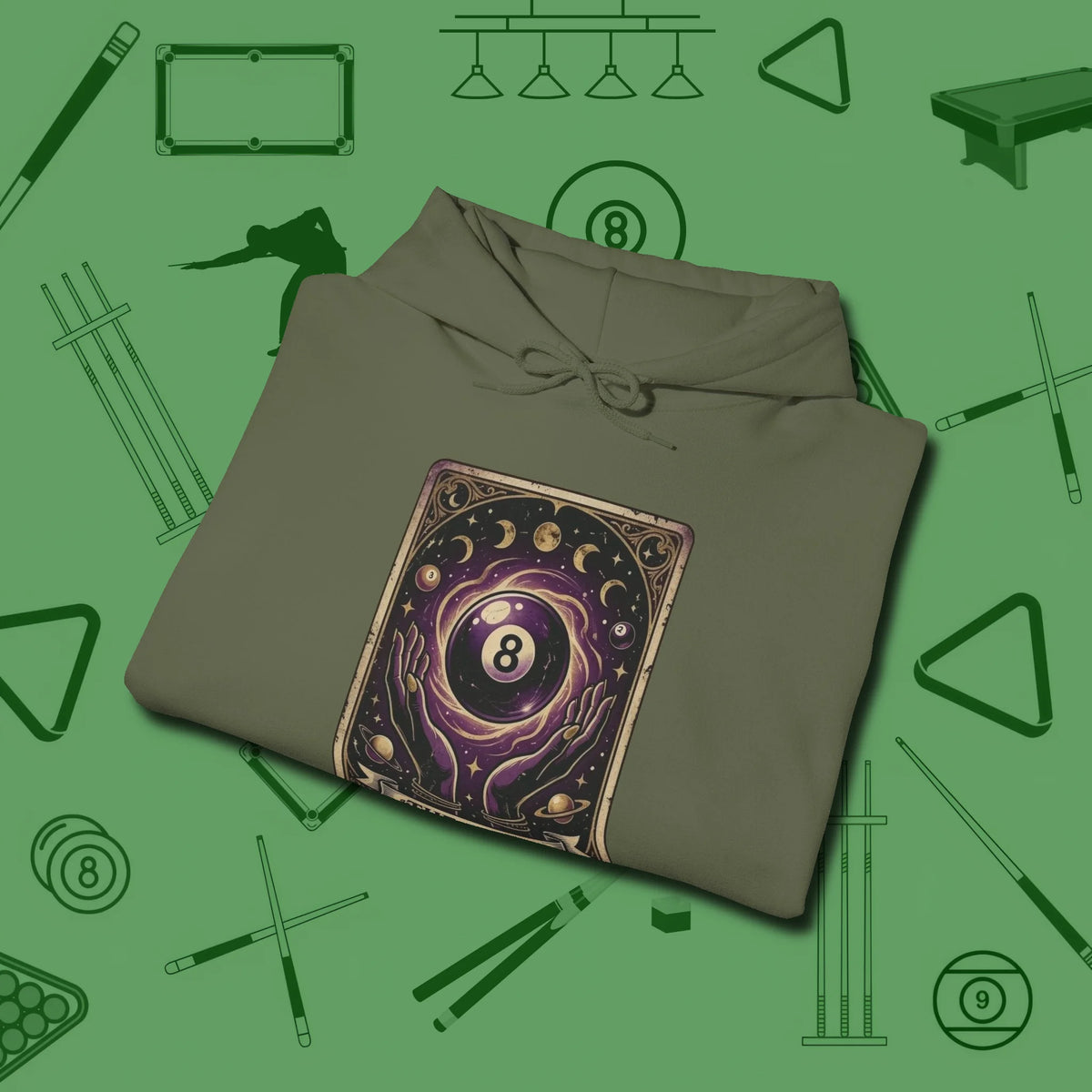 The Eight Ball Tarot Hoodie, folded view, in Military Green an extension of your pool persona
