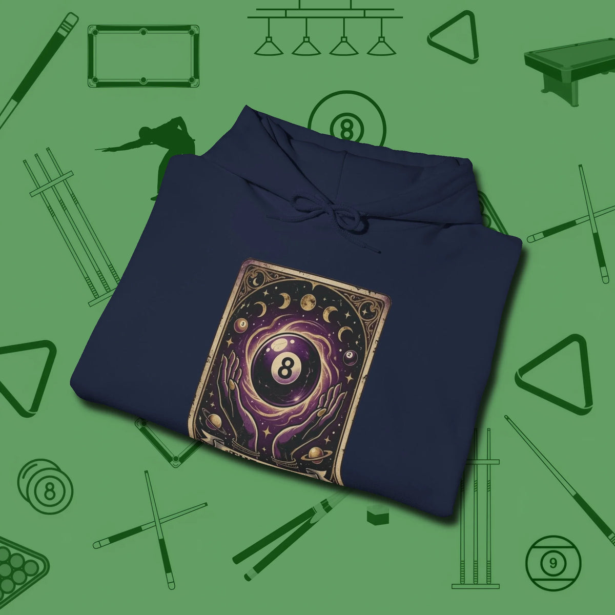 The Eight Ball Tarot Hoodie, folded view, in Navy the official uniform of the after-hours crew
