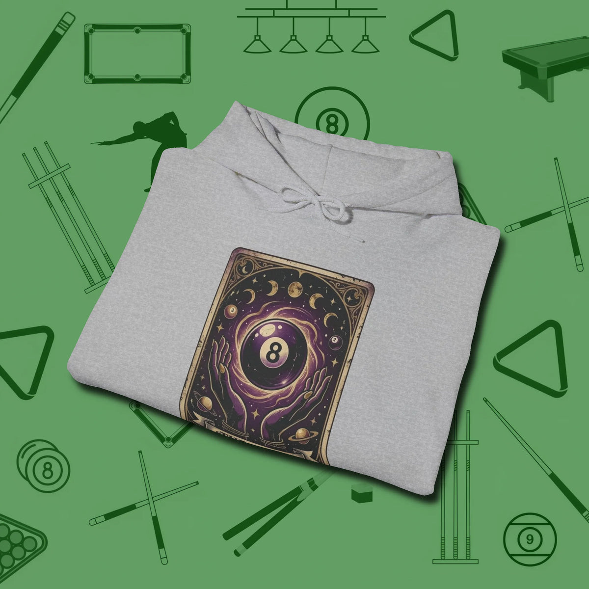 The Eight Ball Tarot Hoodie, folded view, in Sport Grey break, run out, turn heads — repeat