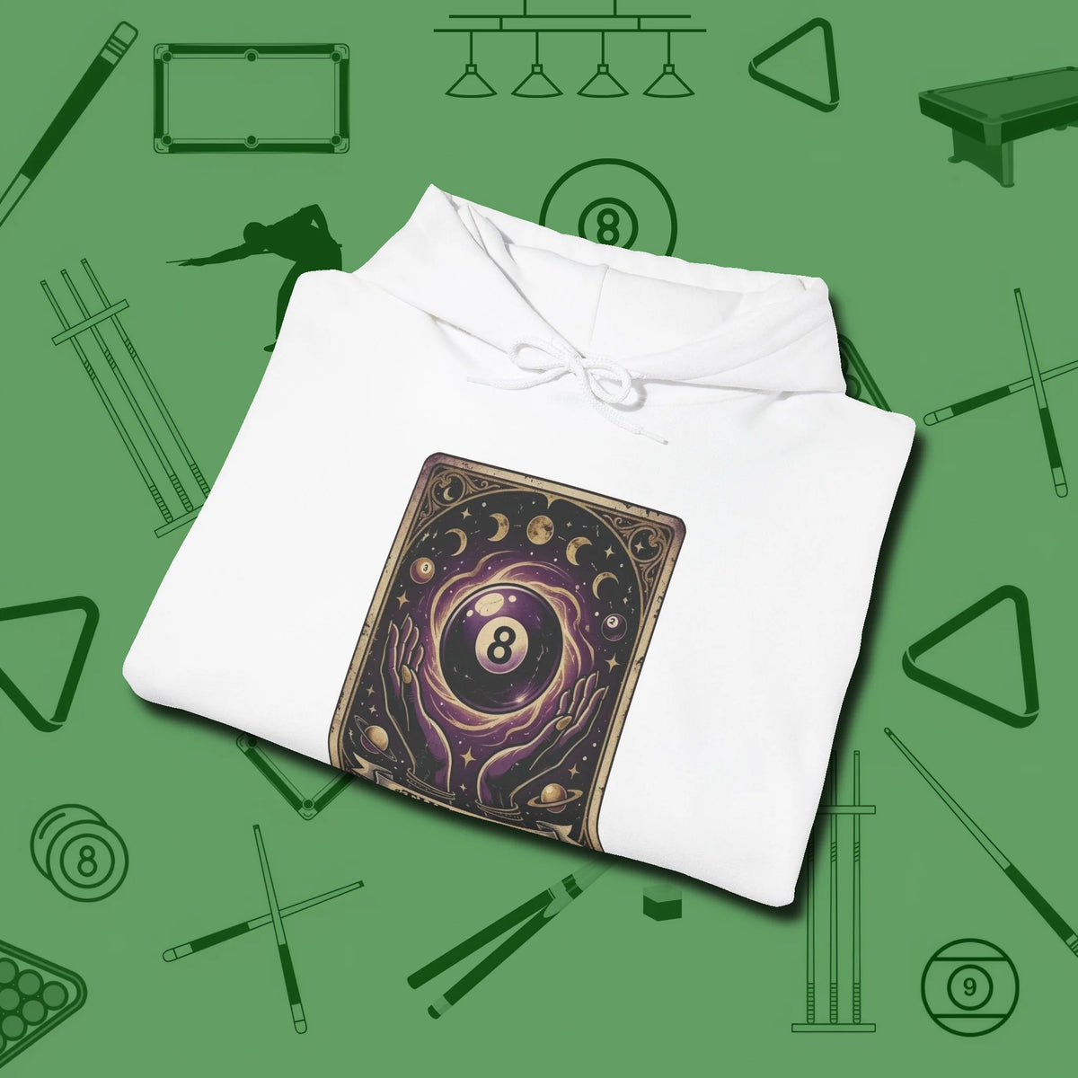 The Eight Ball Tarot Hoodie, folded view, in White your secret weapon off the table