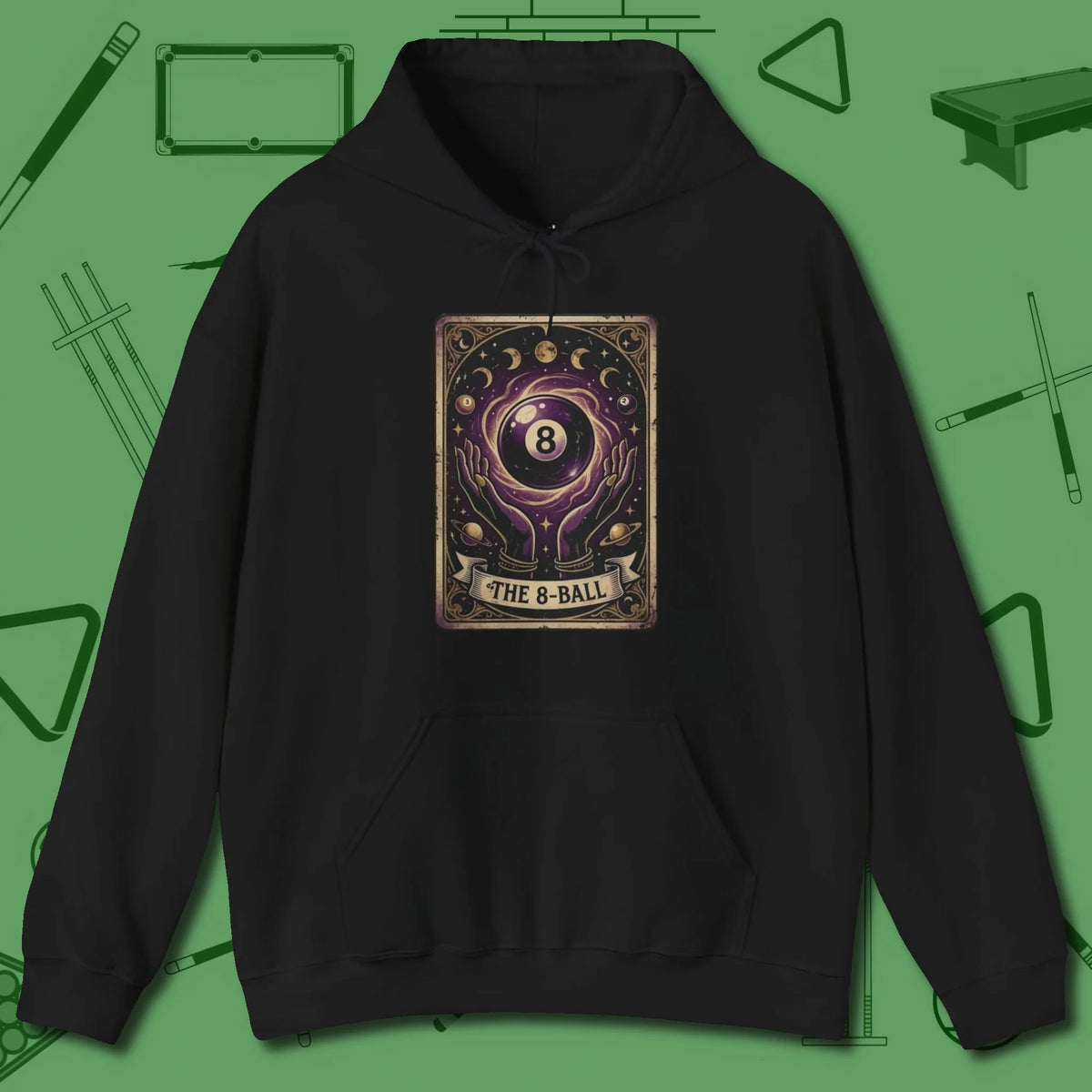 The Eight Ball Tarot Hoodie, front view, in Black for shooters who dress like they play: sharp