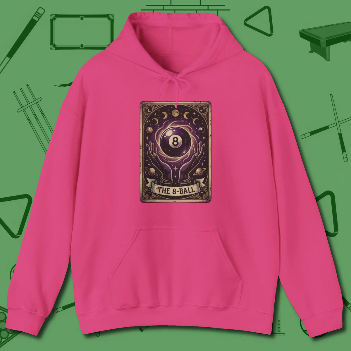 The Eight Ball Tarot Hoodie, front view, in Heliconia for shooters who dress like they play: sharp
