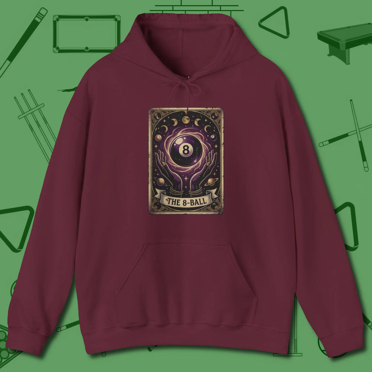 The Eight Ball Tarot Hoodie, front view, in Maroon because the table is your battlefield