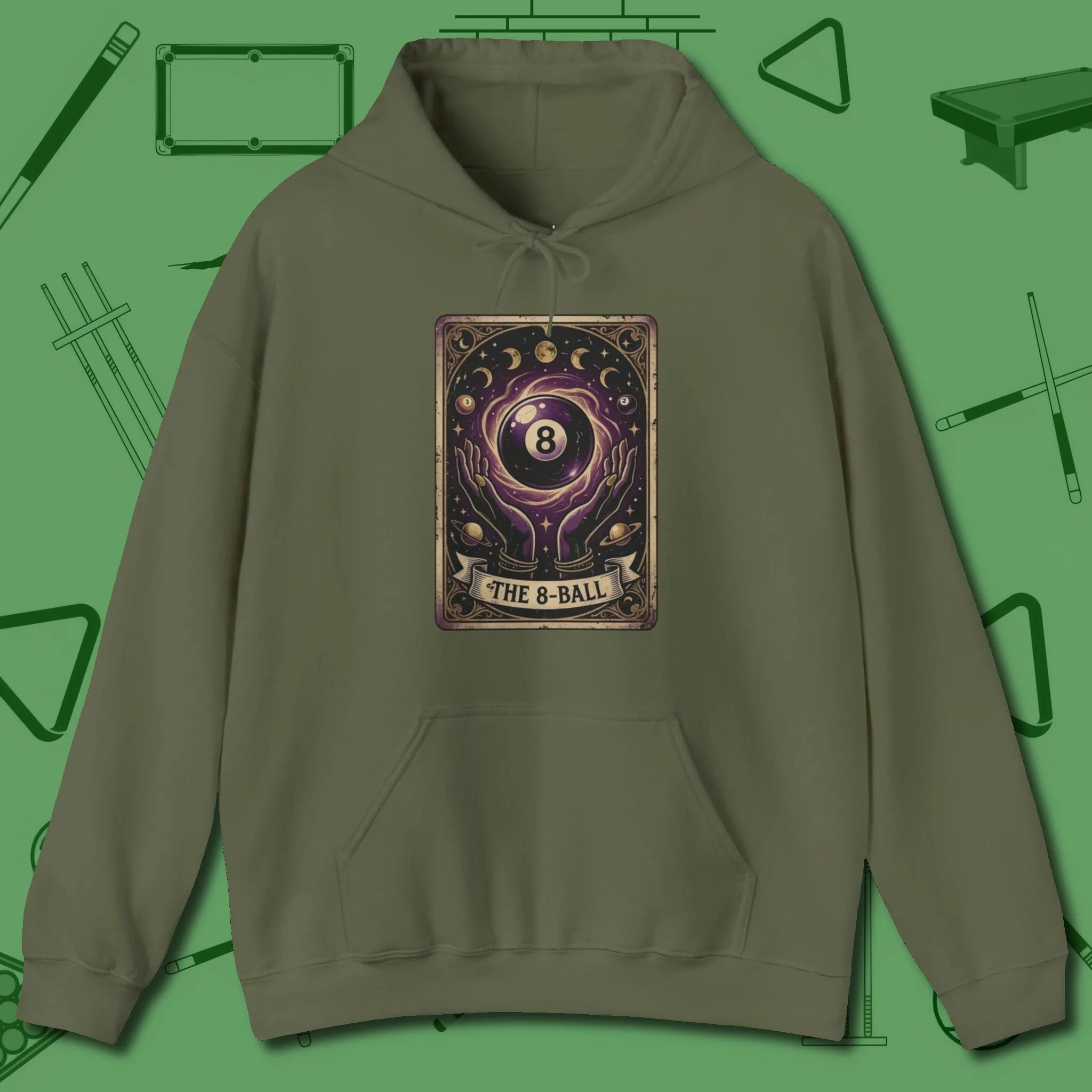 The Eight Ball Tarot Hoodie, front view, in Military Green it’s not a hobby — it’s a lifestyle