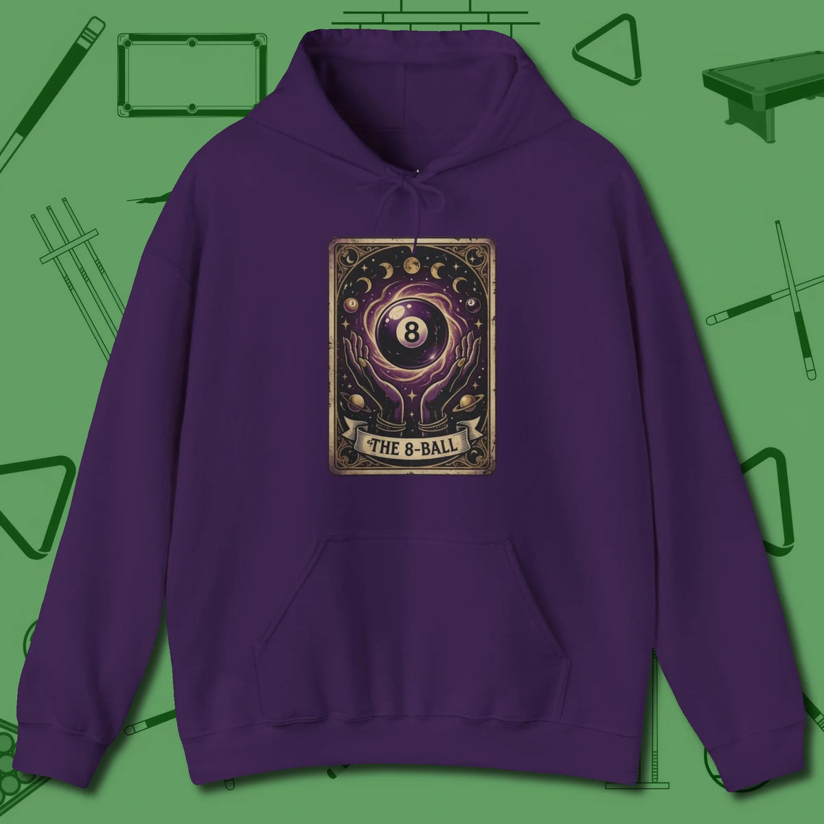 The Eight Ball Tarot Hoodie, front view, in Navy what the real shooters wear