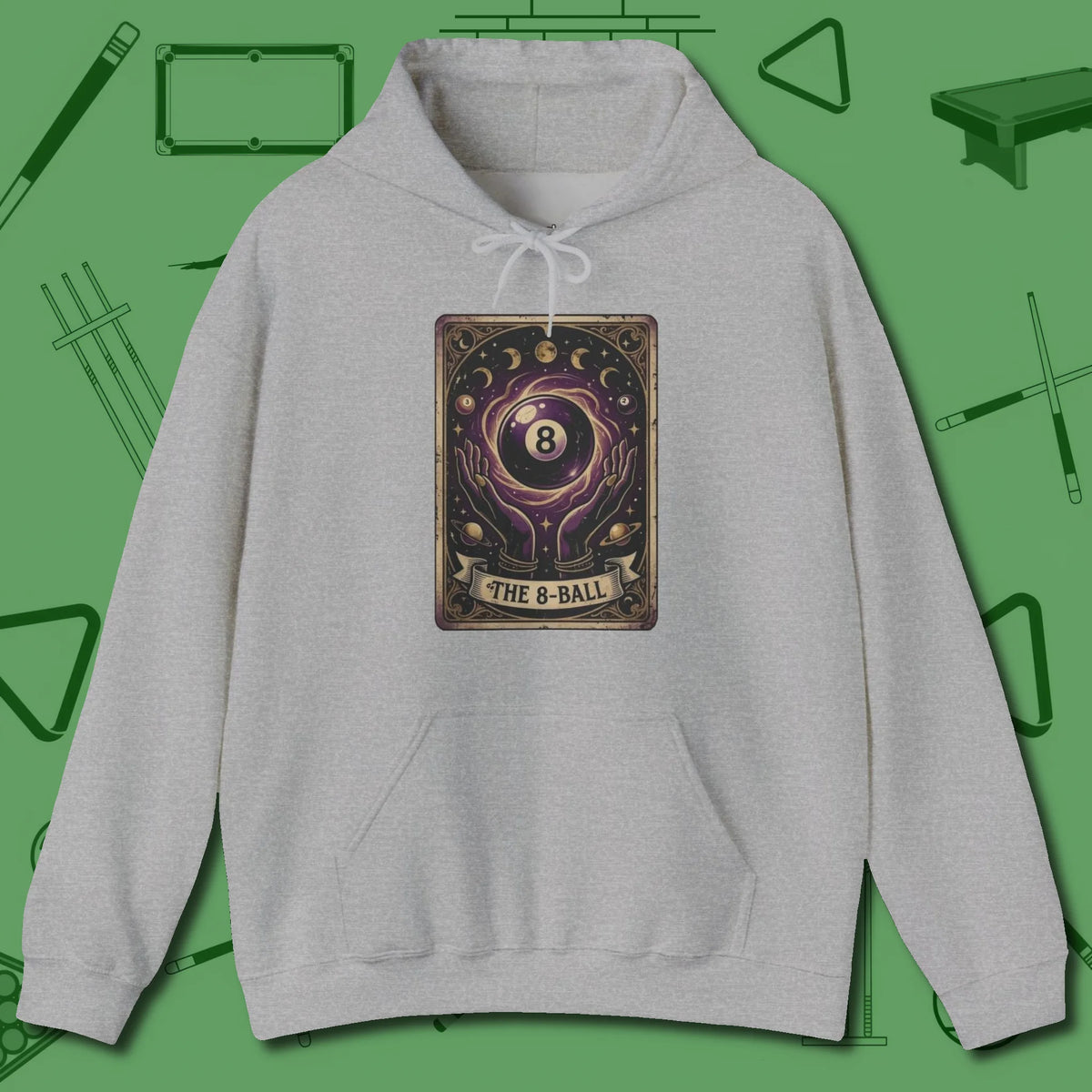 The Eight Ball Tarot Hoodie, front view, in Sport Grey because pool isn’t just a game — it’s who you are