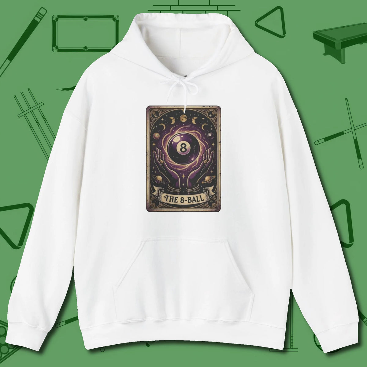 The Eight Ball Tarot Hoodie, front view, in White subtle drip for serious shooters
