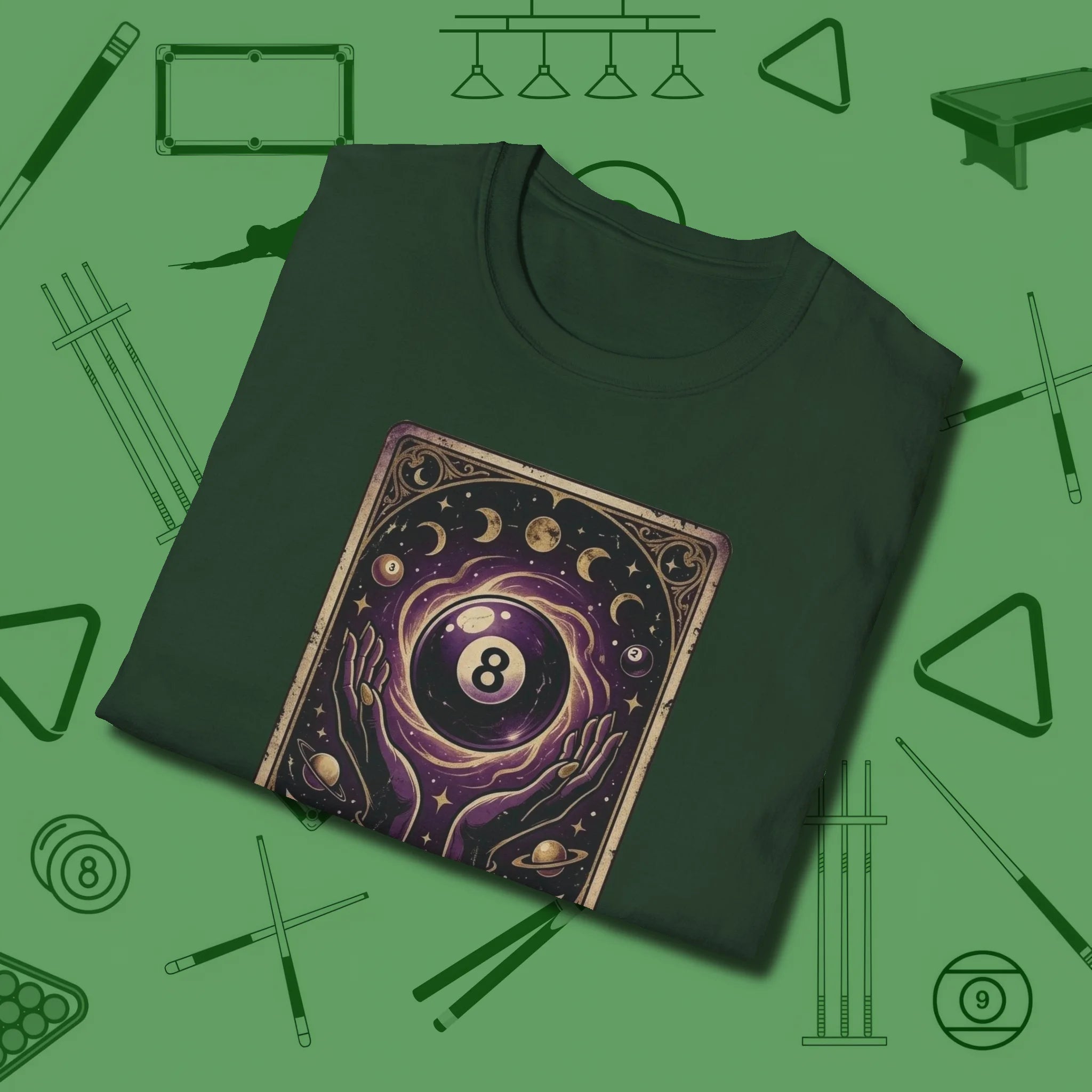 The Eight Ball Tarot T-Shirt, folded view, in Forest Green ideal for clean hits and clean fits