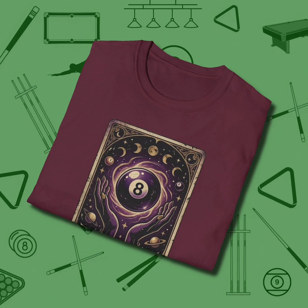 The Eight Ball Tarot T-Shirt, folded view, in Maroon your go-to shirt for league night victories