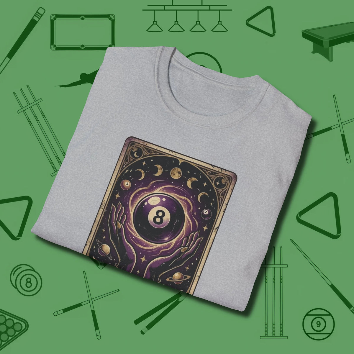 The Eight Ball Tarot T-Shirt, folded view, in Sport Grey what the real shooters wear