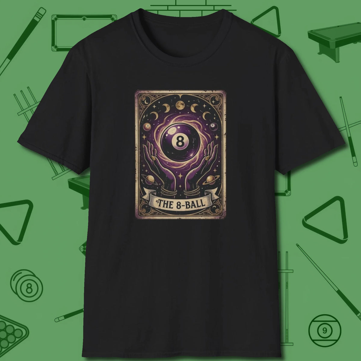 The Eight Ball Tarot T-Shirt, front view, in Black cue sports swagger done right