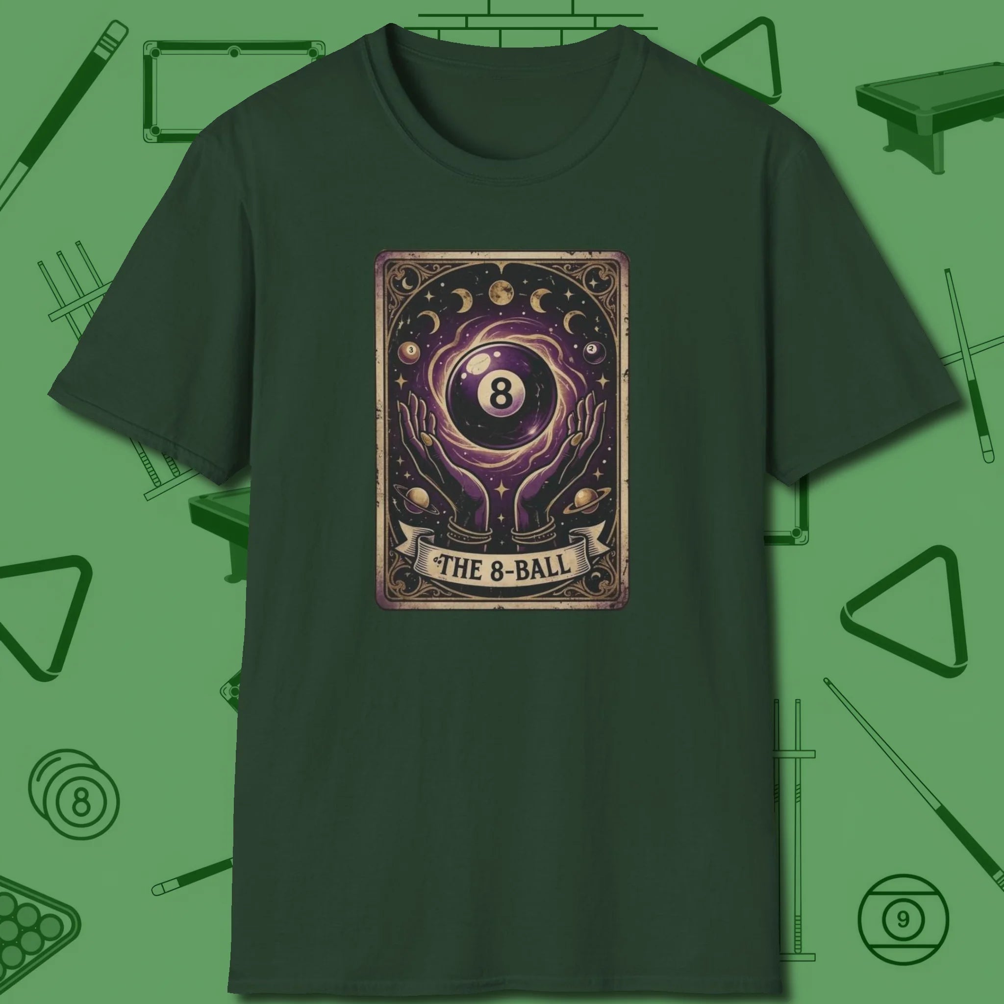 The Eight Ball Tarot T-Shirt, front view, in Forest Green poolroom style with tournament attitude
