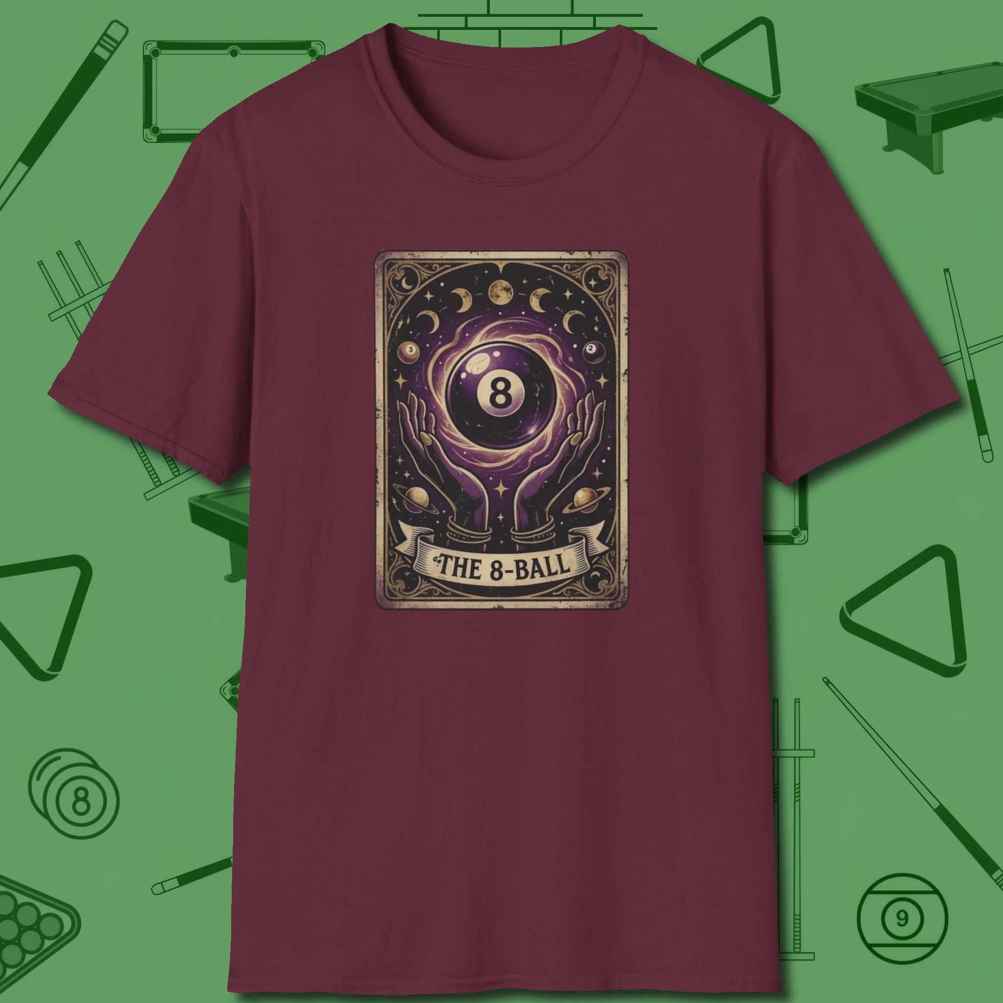 The Eight Ball Tarot T-Shirt, front view, in Maroon as serious as your stroke