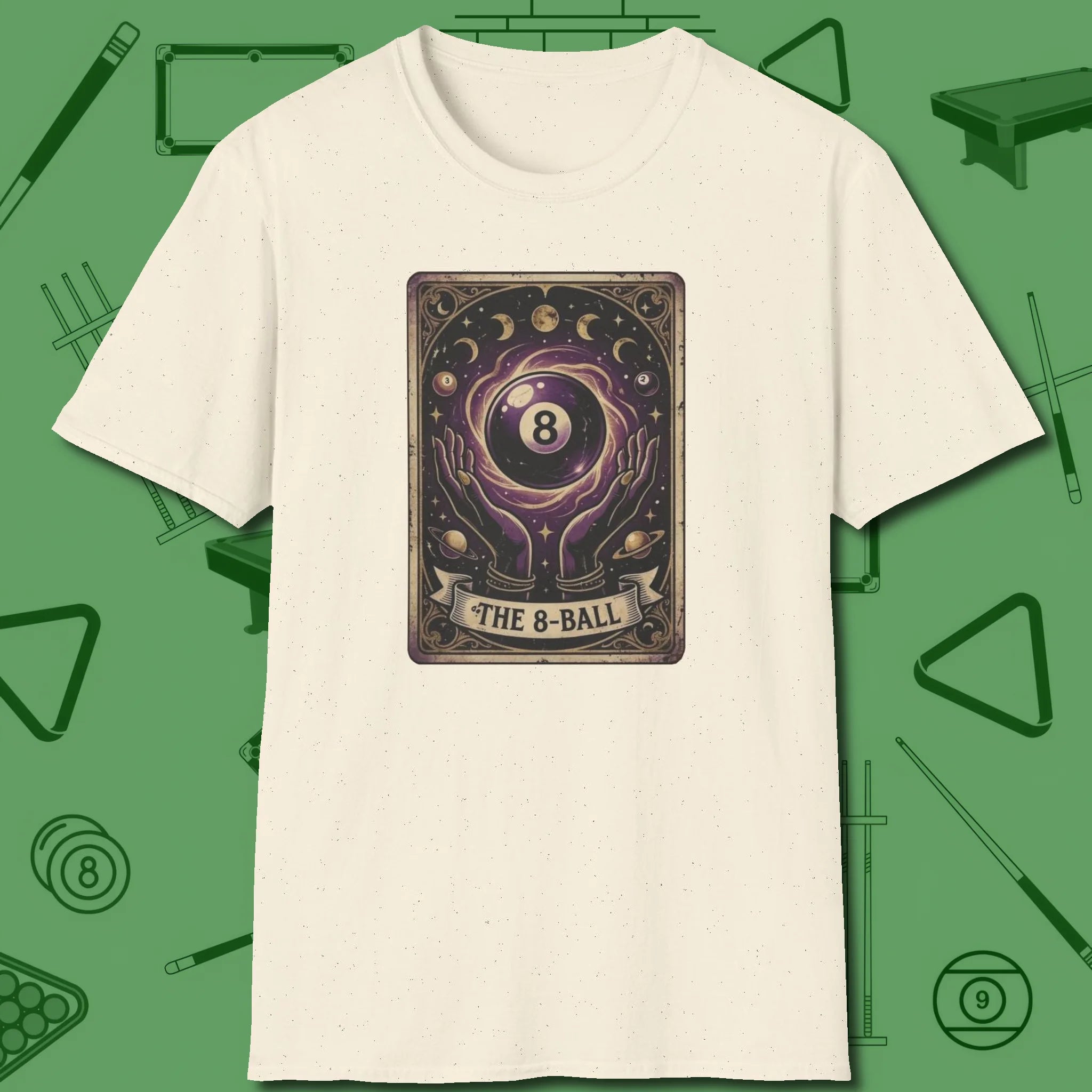 The Eight Ball Tarot T-Shirt, front view, in Natural cool enough for a corner pocket finish